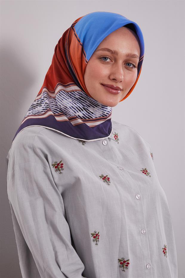 Kiremit Karışık Geometrik Desen Pamuk Eşarp