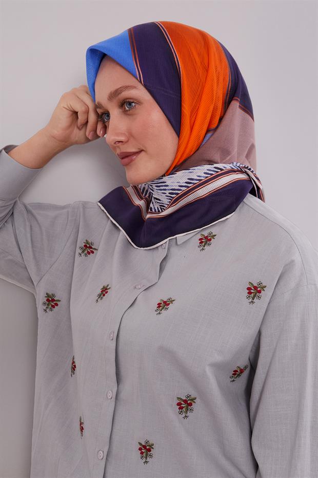 Kiremit Karışık Geometrik Desen Pamuk Eşarp