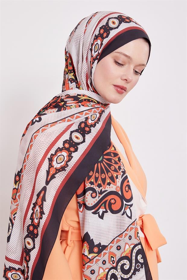 Kiremit Kenar Benek Desen Hint İpeği Şal