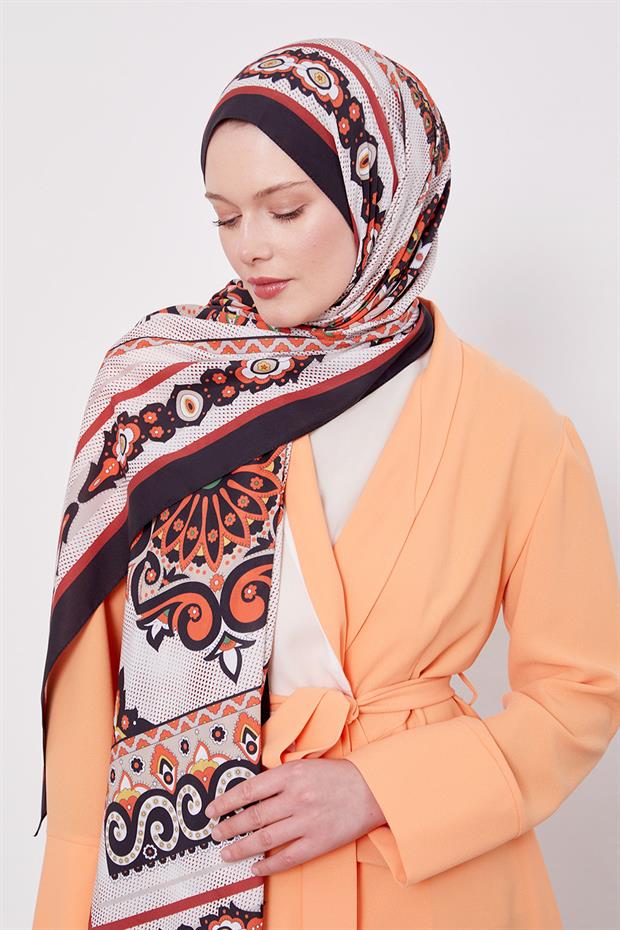 Kiremit Kenar Benek Desen Hint İpeği Şal