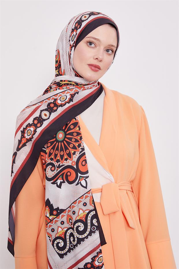 Kiremit Kenar Benek Desen Hint İpeği Şal