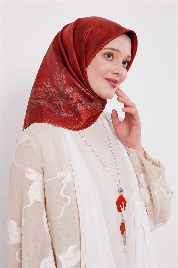 Kiremit Kenar Benekli Twill İpek Eşarp