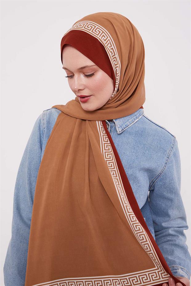 Kiremit Labirent Desen Medine İpeği Şal