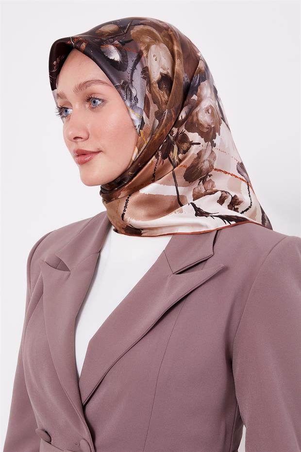 Kiremit Menekşe Desen Sura İpek Eşarp