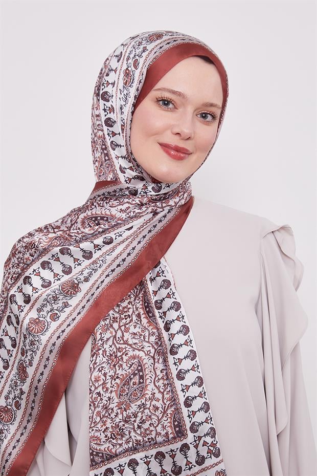 Kiremit Mini Çiçek Hint İpeği Şal