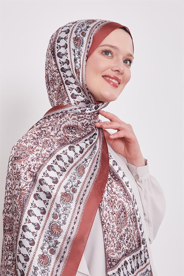 Kiremit Mini Çiçek Hint İpeği Şal