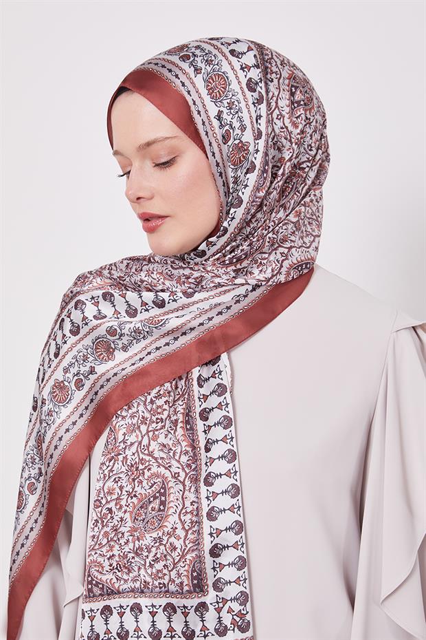 Kiremit Mini Çiçek Hint İpeği Şal