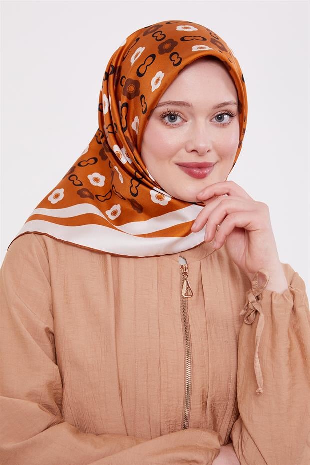 Kiremit Papatya Desen Twill İpek Eşarp