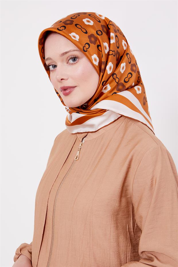 Kiremit Papatya Desen Twill İpek Eşarp