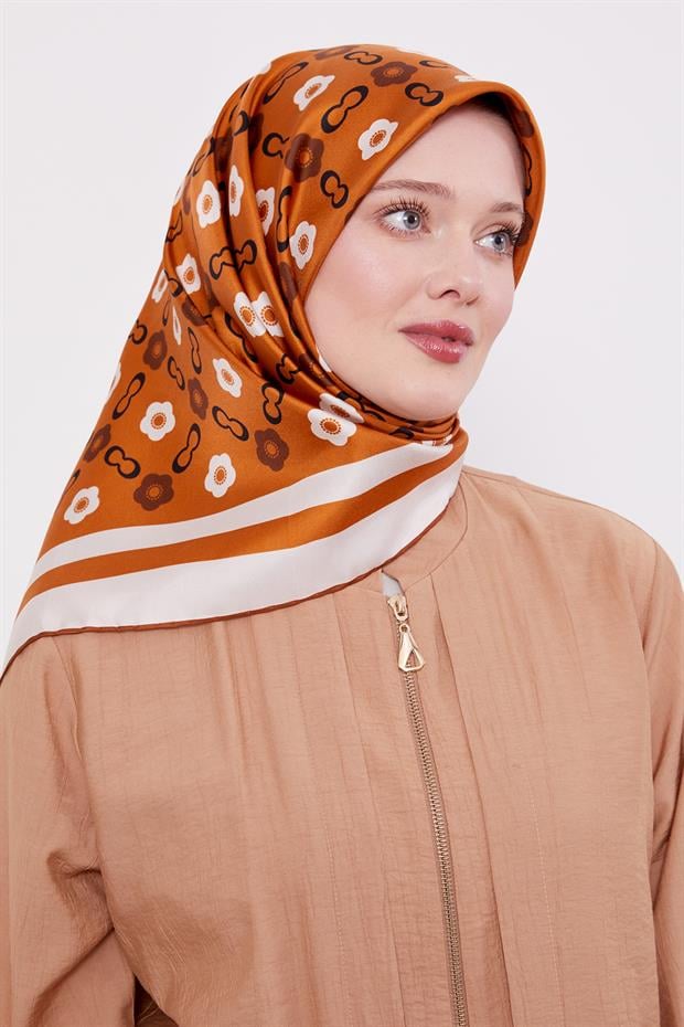 Kiremit Papatya Desen Twill İpek Eşarp