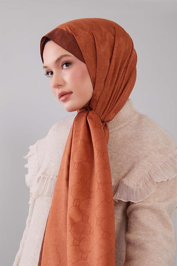 Kiremit Petek İşlemeli Monogram Şal