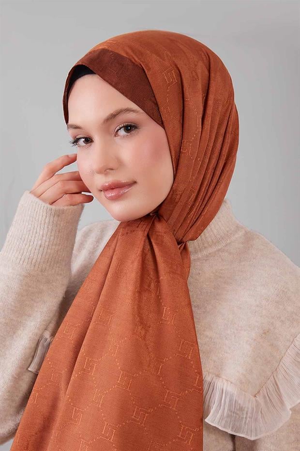 Kiremit Petek İşlemeli Monogram Şal