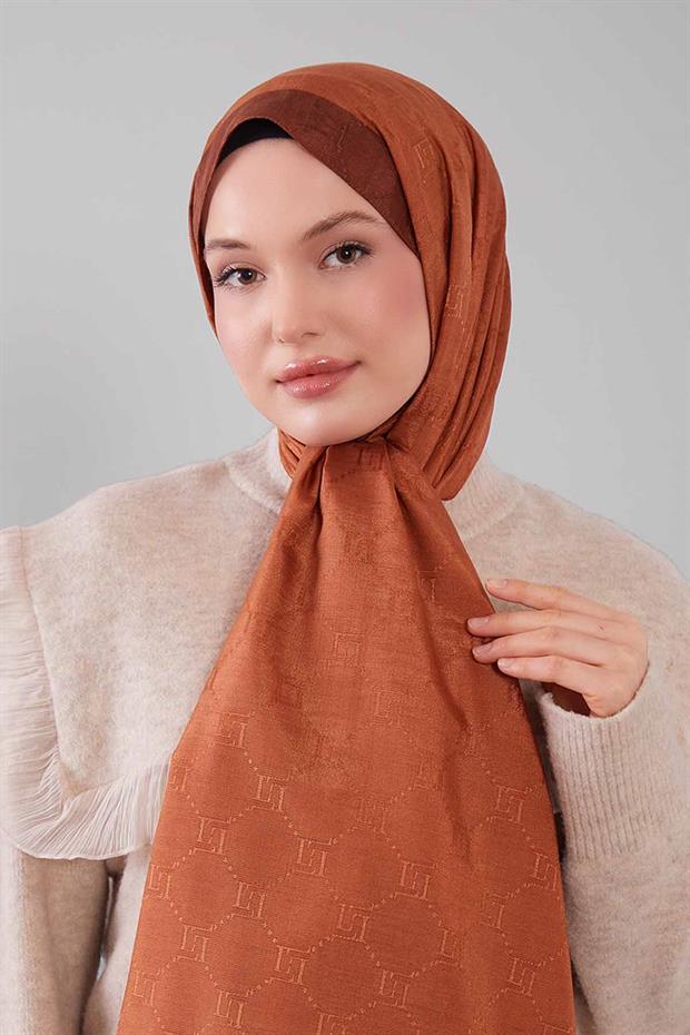 Kiremit Petek İşlemeli Monogram Şal