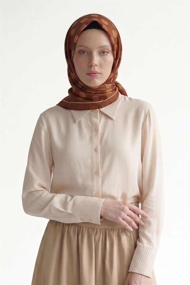 Kiremit Puantiyeli Twill İpek Eşarp