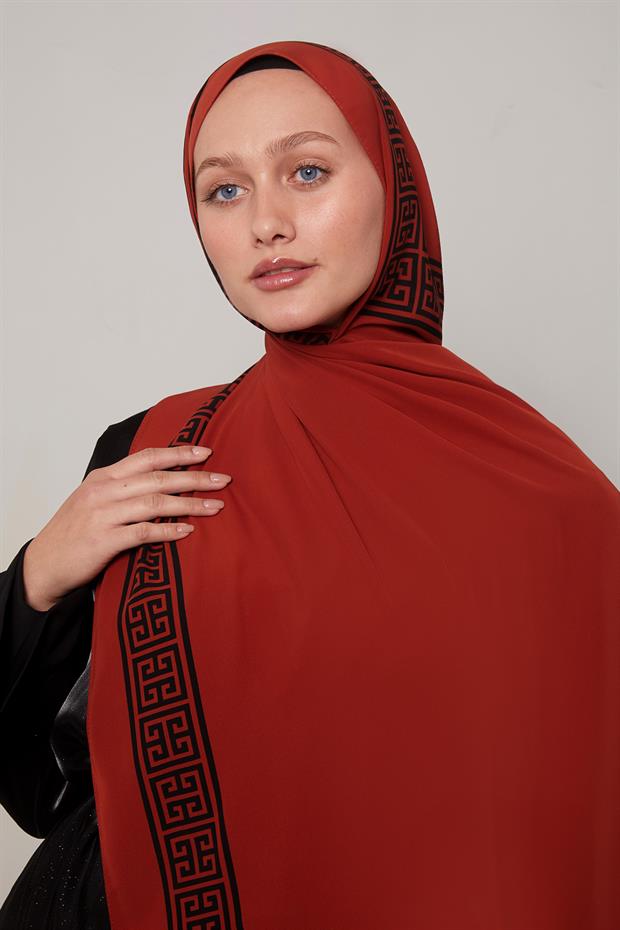 Kiremit - Siyah Labirent Desen Medine İpeği Şal