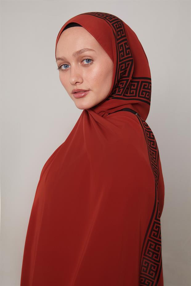 Kiremit - Siyah Labirent Desen Medine İpeği Şal