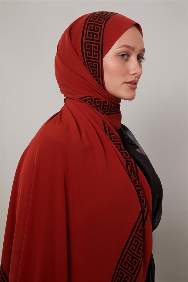 Kiremit - Siyah Labirent Desen Medine İpeği Şal