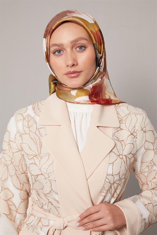 Kiremit Soyut Çiçek Desen Sura İpek Eşarp