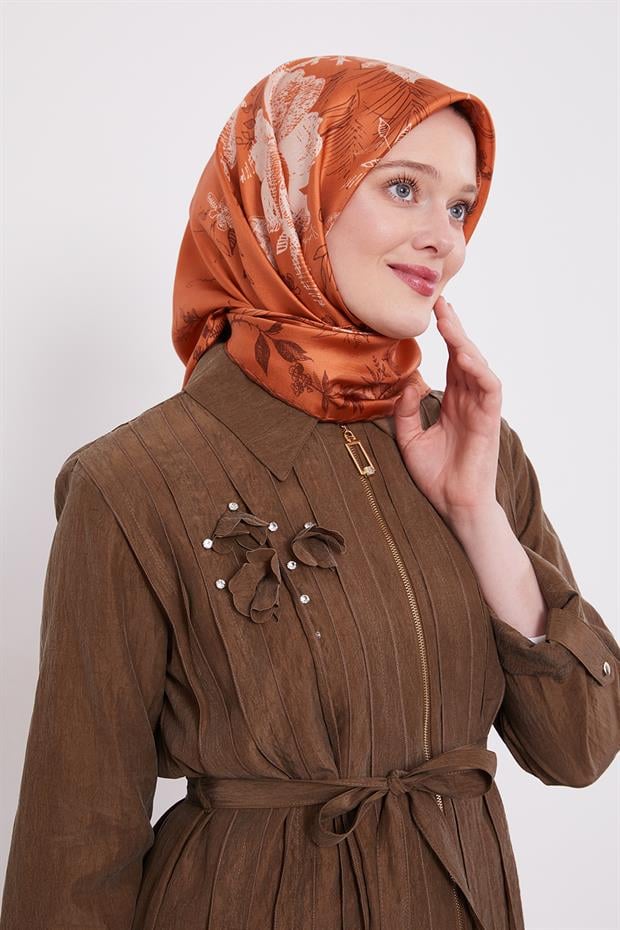 Kiremit Soyut Gül Desen Twill İpek Eşarp