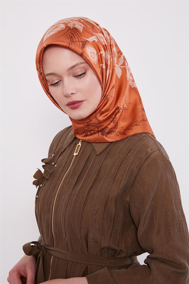 Kiremit Soyut Gül Desen Twill İpek Eşarp