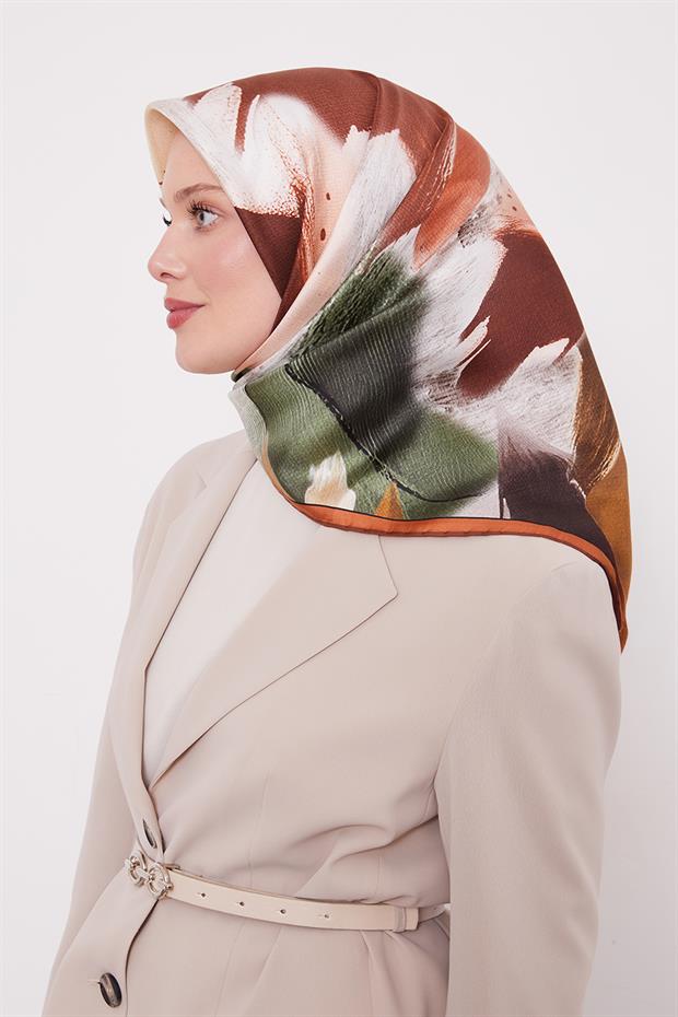 Kiremit Yansıma Yaprak Desen Twill İpek Eşarp