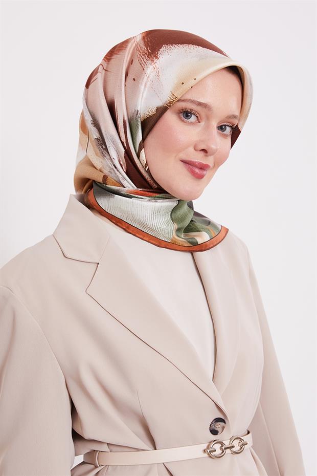 Kiremit Yansıma Yaprak Desen Twill İpek Eşarp