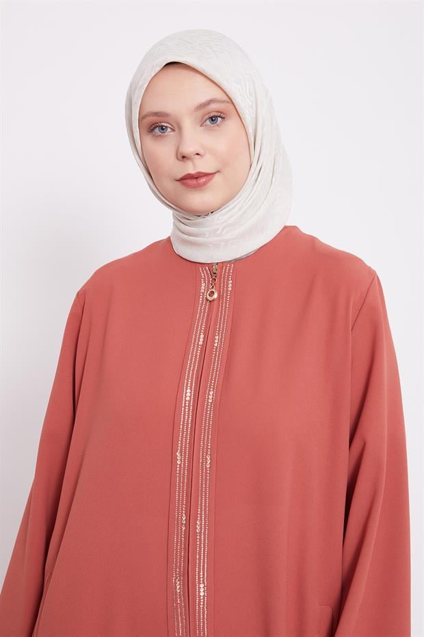 Kiremit Taşlı Fermuar Kapamalı Ferace