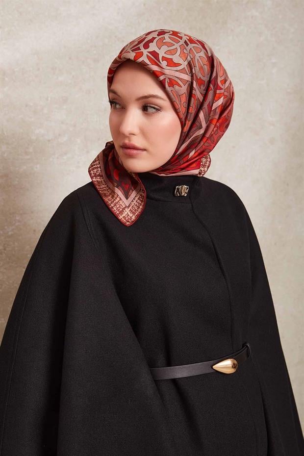 Kiremit Vectör Desen Twill İpek Eşarp