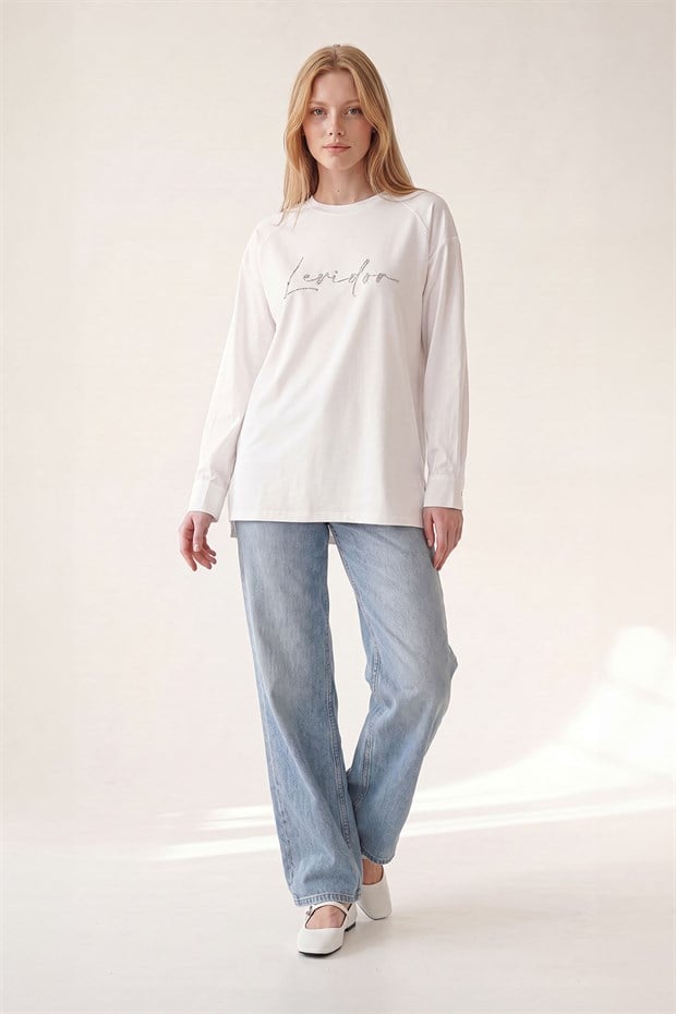 Kırık Beyaz TAŞ DETAYLI SWEATSHIRT