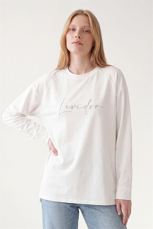 Kırık Beyaz TAŞ DETAYLI SWEATSHIRT