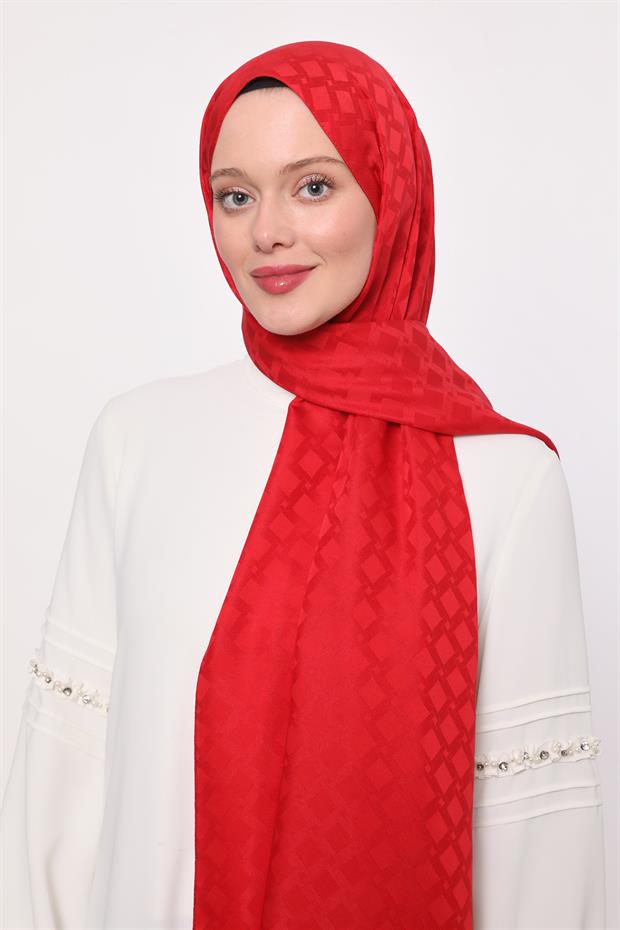 Kırmızı Kare Geçişli Desen Blue Jakar Şal