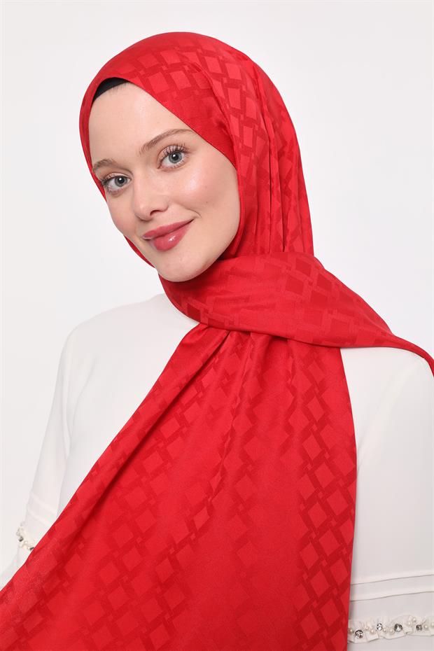 Kırmızı Kare Geçişli Desen Blue Jakar Şal