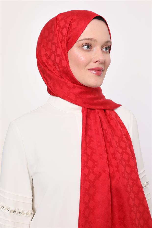 Kırmızı Kare Geçişli Desen Blue Jakar Şal