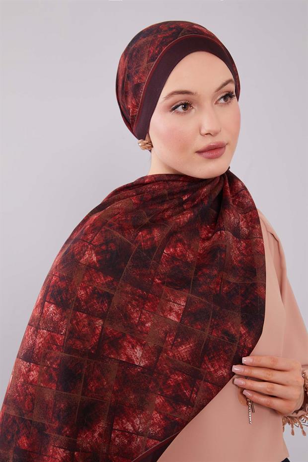 Kırmızı Baklava Desen Yün İpek Şal