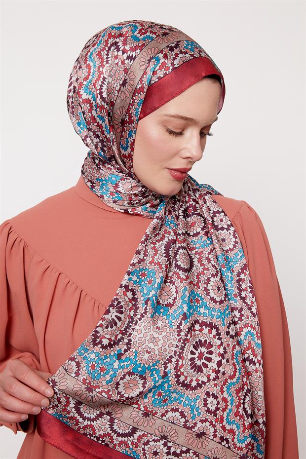 Kırmızı Batik Desen Hint İpeği Şal