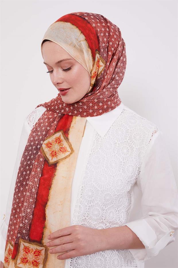 Kırmızı Benek Desen Pamuk Şal