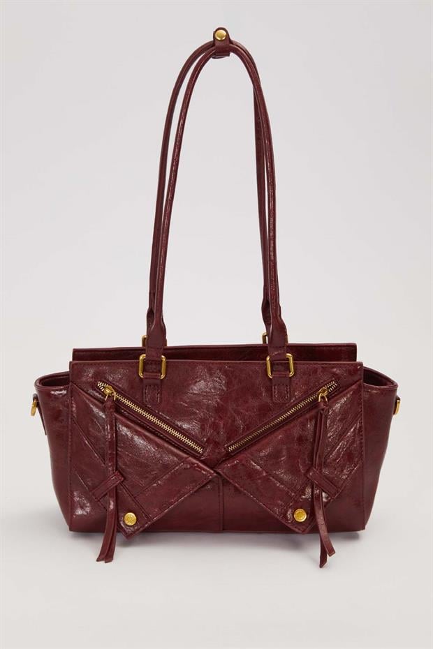 Kırmızı Çapraz Fermuar Detaylı Omuz Çantası