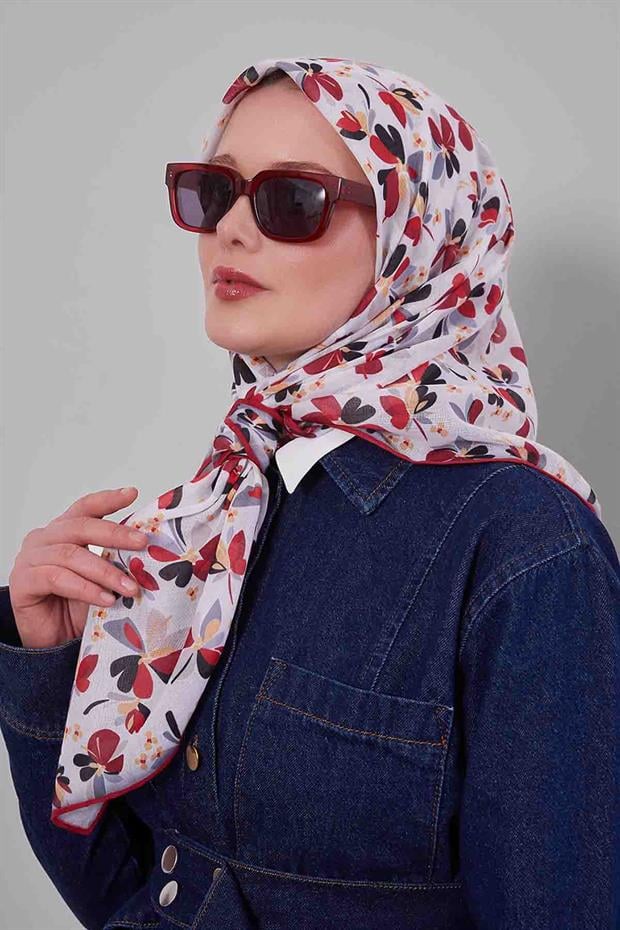 Kırmızı Çiçek Desen Soft Eşarp