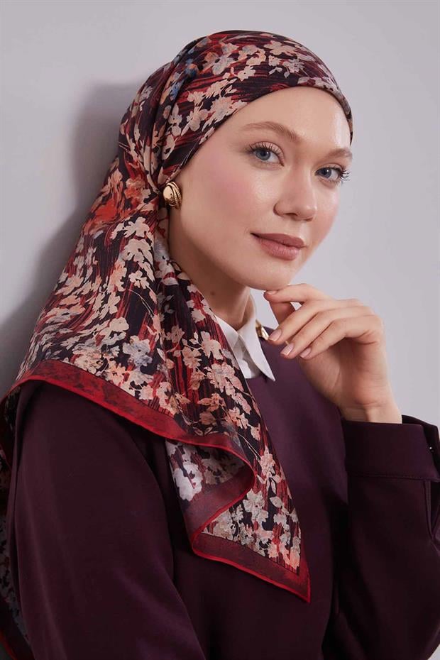 Kırmızı Çiçekli Soyut Desen Twill İpek Eşarp
