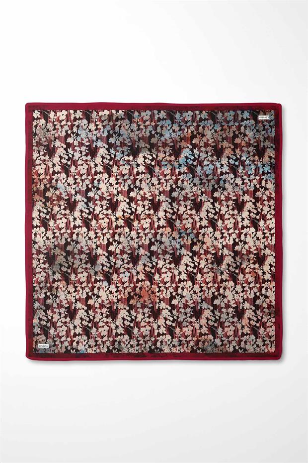 Kırmızı Çiçekli Soyut Desen Twill İpek Eşarp