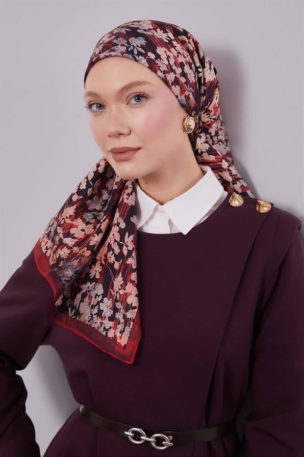 Kırmızı Çiçekli Soyut Desen Twill İpek Eşarp
