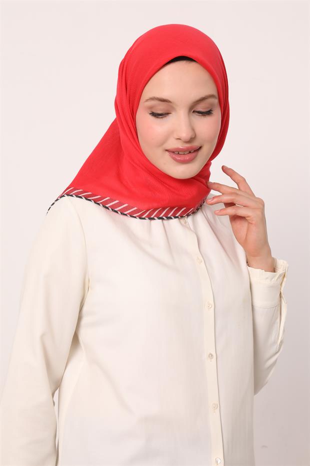 Kırmızı Çizgili Pamuk Eşarp