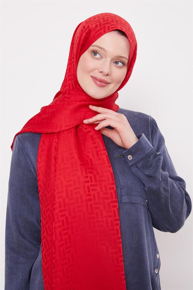 Kırmızı Çubuk Desen Blue Jakarlı Şal