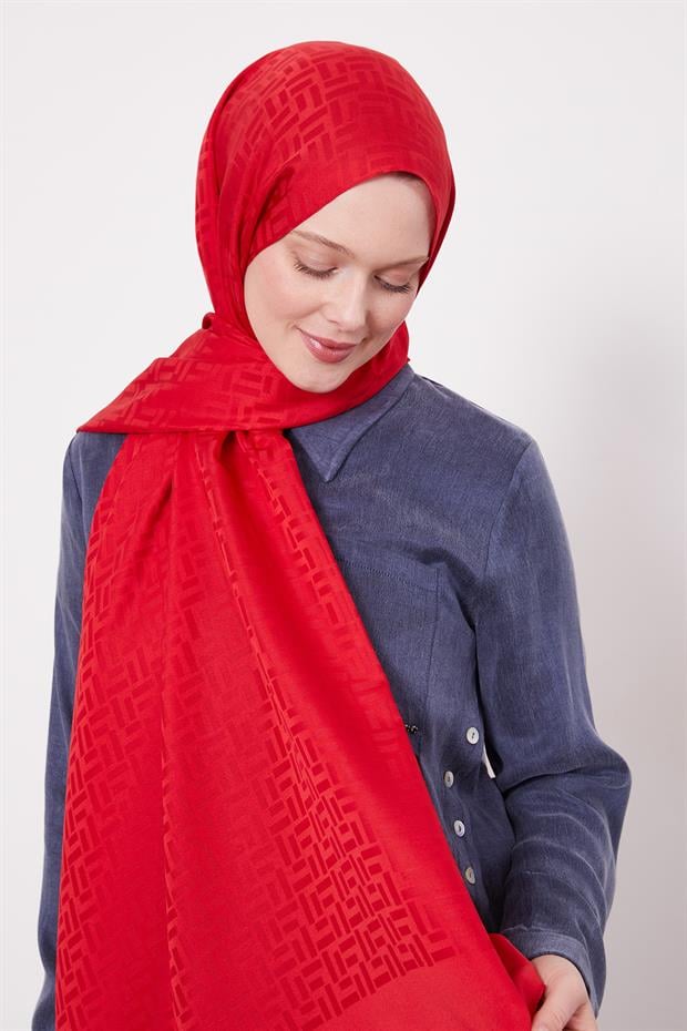 Kırmızı Çubuk Desen Blue Jakarlı Şal
