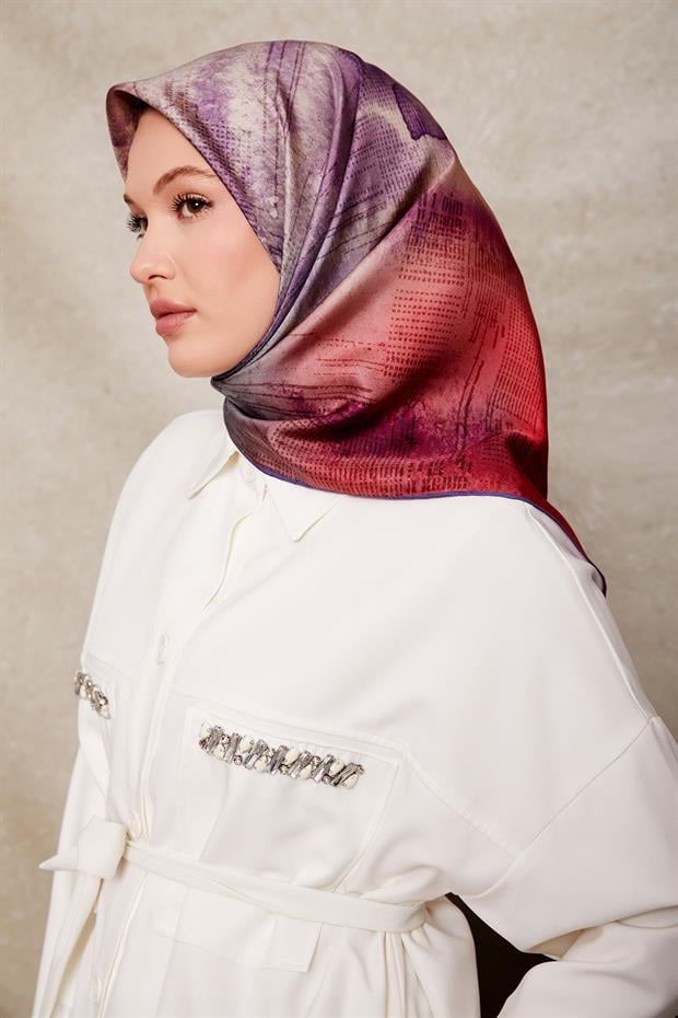 Kırmızı Desenli Twill İpek Eşarp