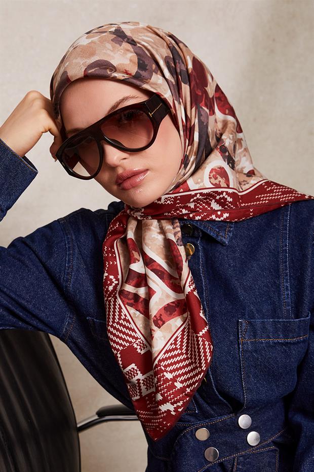 Kırmızı Desenli Twill İpek Eşerp