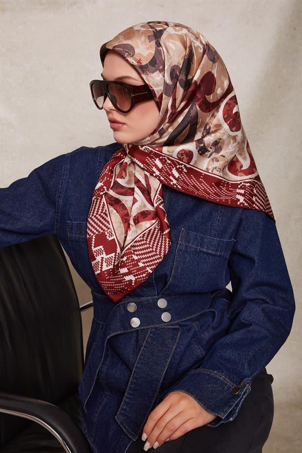 Kırmızı Desenli Twill İpek Eşerp