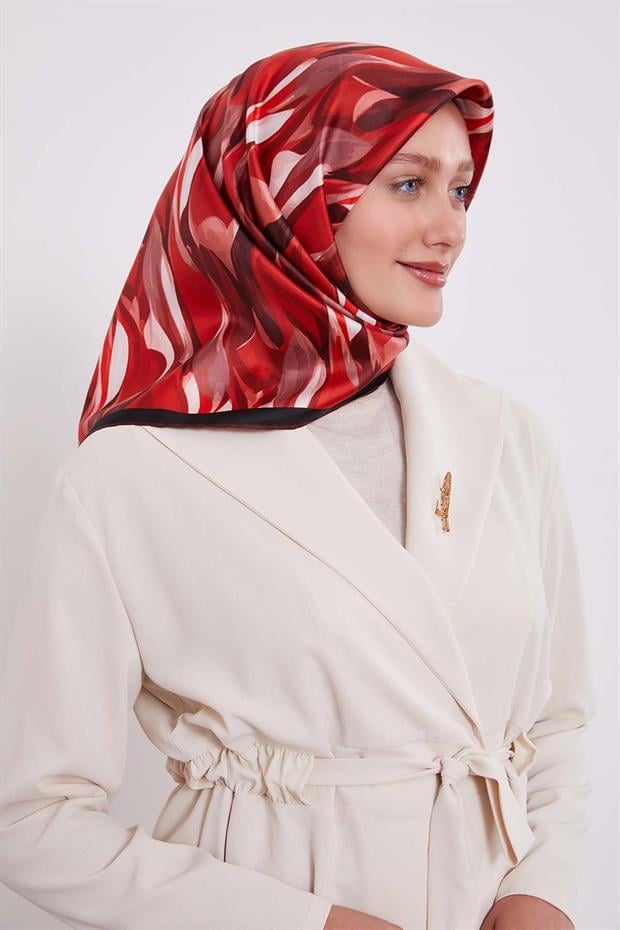 Kırmızı Ebruli Desen Twill İpek Eşarp