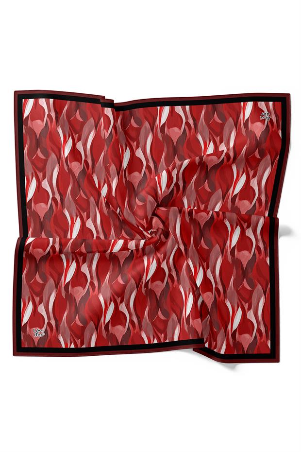 Kırmızı Ebruli Desen Twill İpek Eşarp