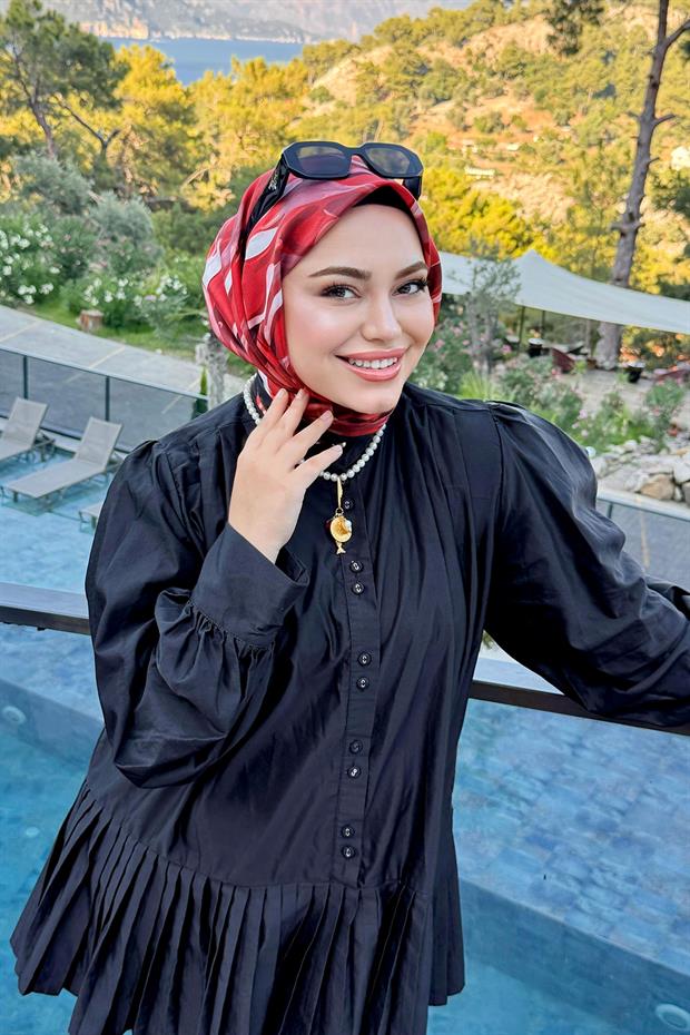 Kırmızı Ebruli Desen Twill İpek Eşarp